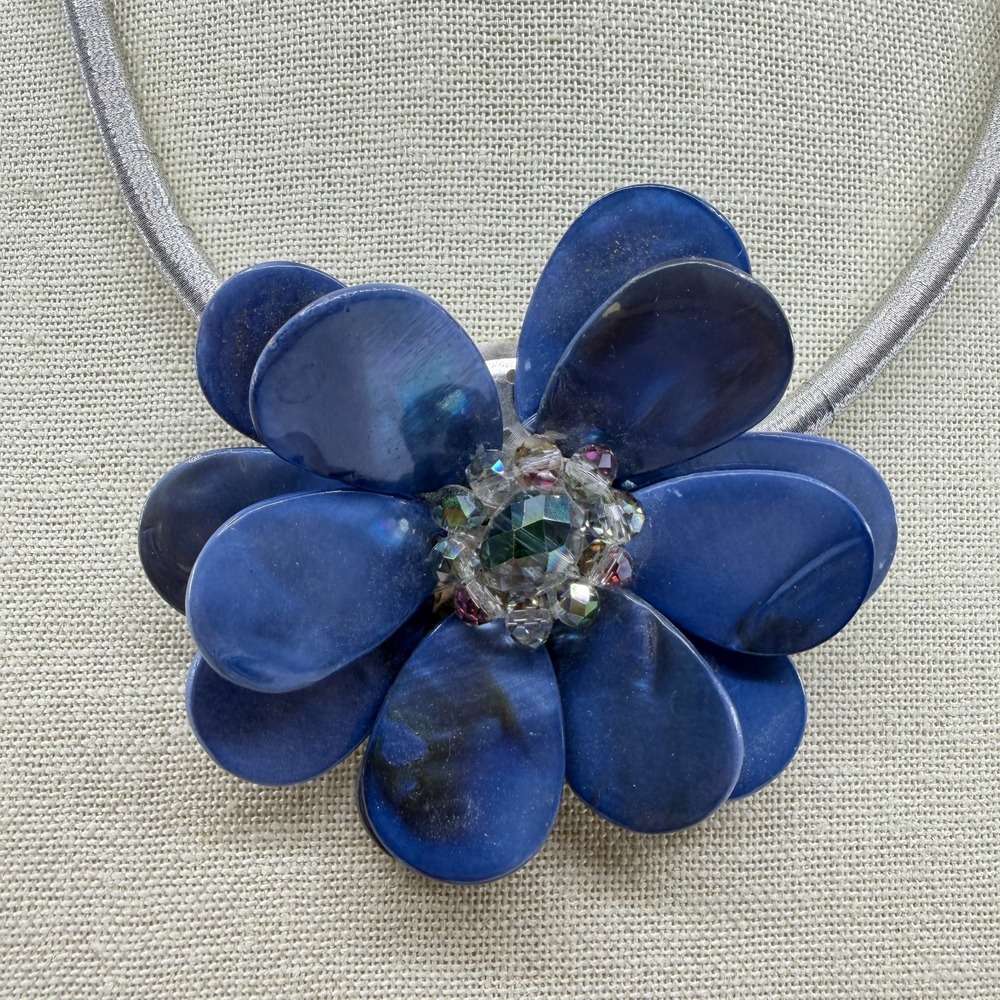 Jules Large Blue Flower Shell Pendant Necklace Silver Mesh Chunky Statement Y2K